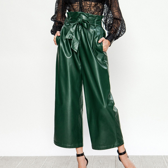 Jealous Tomato Pants - Jealous Tomato Faux Green Leather Wide Leg Pants!
